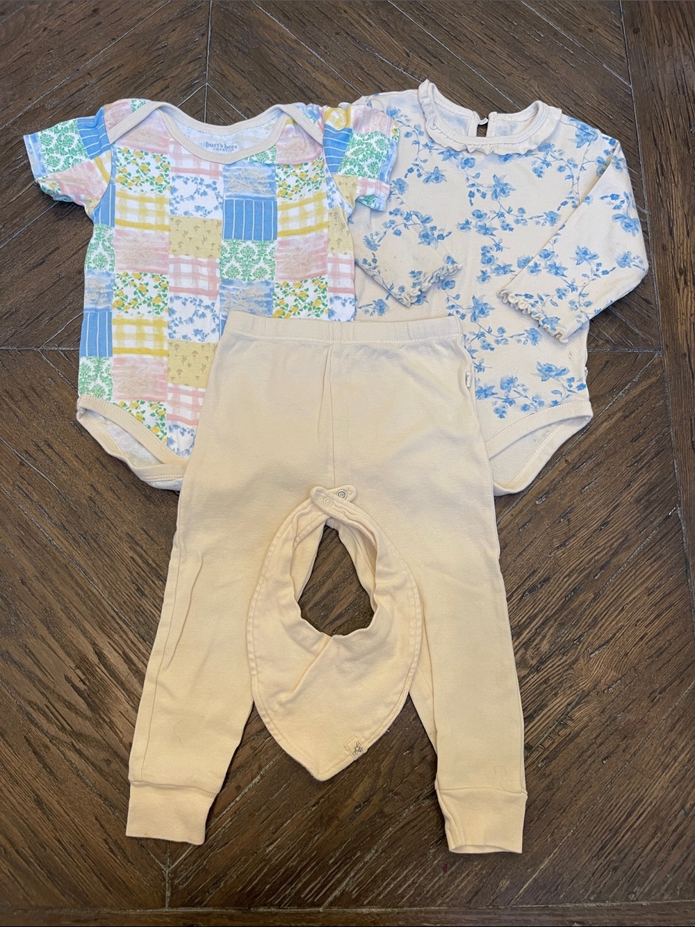 Burt’s Bees Baby Pink  Patchwork & Blue Floral One-Piece Set with Cream Leggings